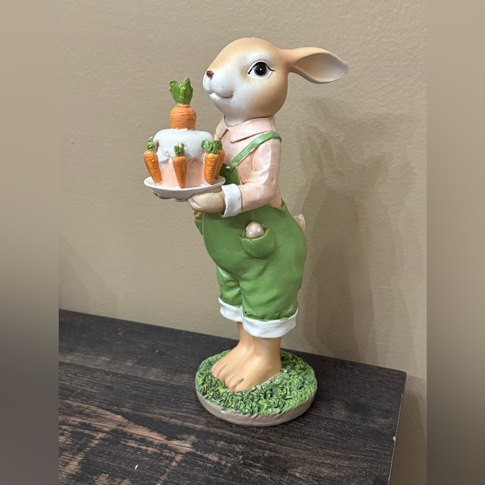 Easter Bunny Figurine Holding Carrot Cake - Green Overalls
